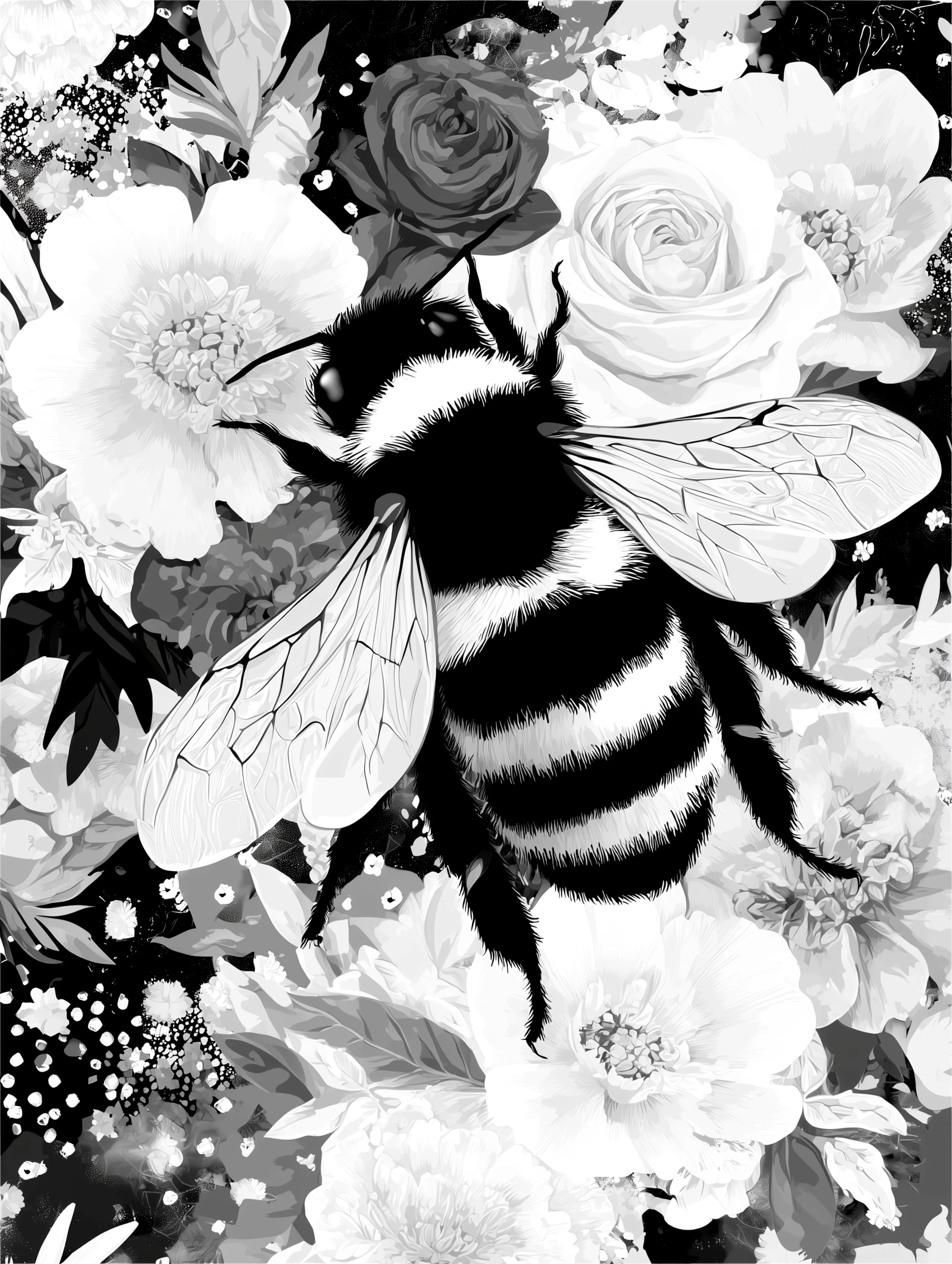 Free printable bee coloring page for adults featuring white wings furry bee
